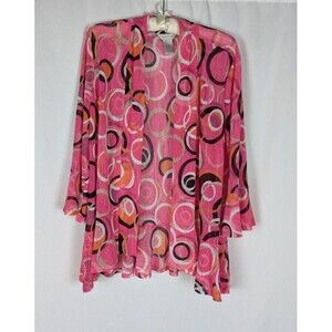 Multiples Cardigan L Women's Pink Circle Print 3/4 Flounce Sleeve Open Front Mod